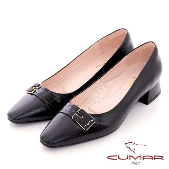 CUMAR 真皮織帶飾釦粗跟低跟鞋(黑色)優惠推薦