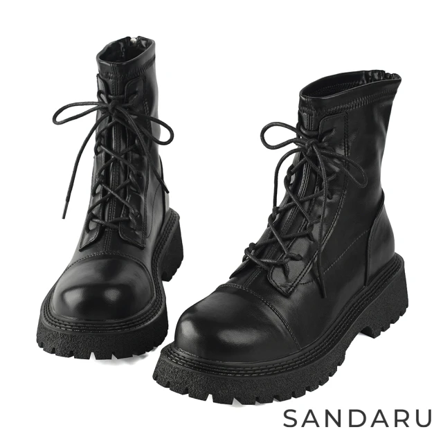 SANDARU 山打努 短靴 軟皮革綁帶厚底馬丁靴(黑)