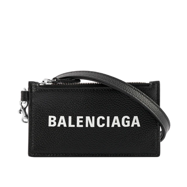 Balenciaga 巴黎世家 經典Logo牛皮小款卡片夾_附可拆式掛繩(黑)