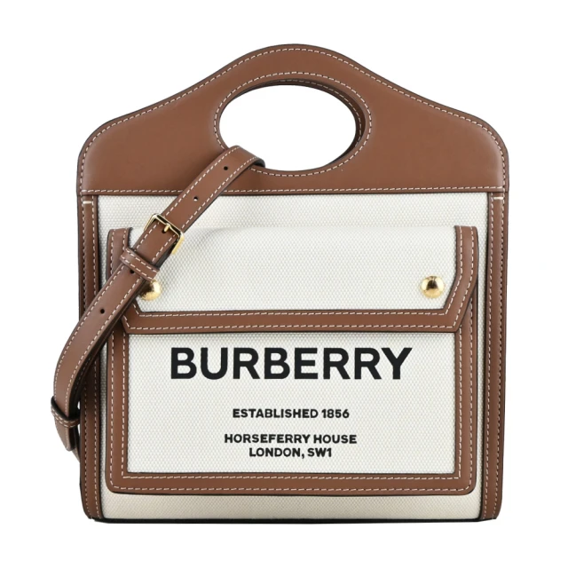 BURBERRY 巴寶莉 Horseferry系列刺繡LOGO 帆布Pocket手提/斜背包(棕色/迷你)
