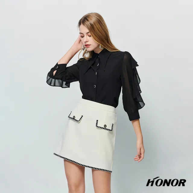 【HONOR 山形屋】出清品 拼接雪紡波浪袖上衣-黃/黑(限定出清)