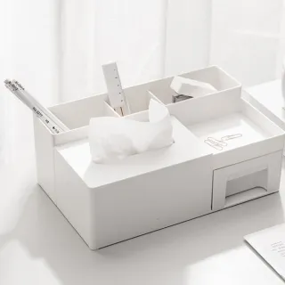【FL 生活+】簡約風桌面遙控器衛生紙收納盒(3格置物槽/防塵密封式抽屜/牙線/棉花棒收納/A-175)
