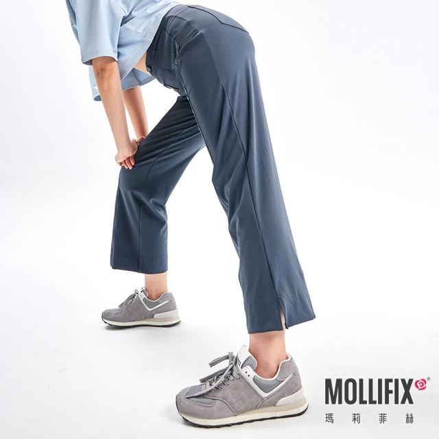 【Mollifix 瑪莉菲絲】側開衩立體摺線百搭靴型褲、瑜珈服、Legging(深霧藍)