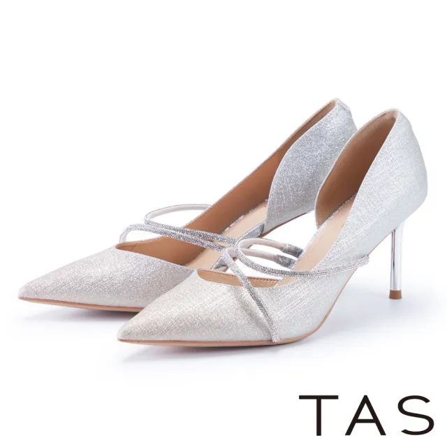 【TAS】格麗特金屬鑽條繞帶尖頭花嫁高跟鞋(金銀)