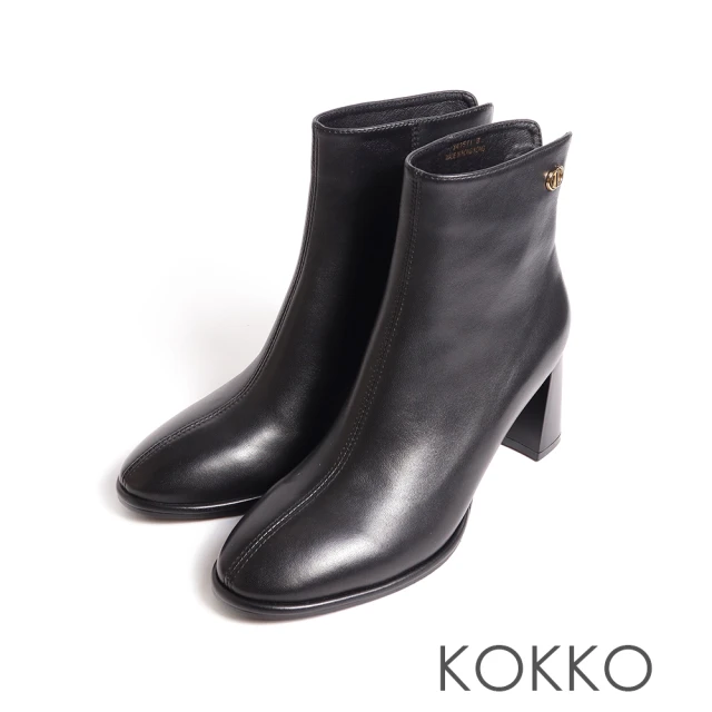 【KOKKO 集團】時尚高雅素面切線羊皮高跟短靴(黑色)