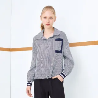 【MYVEGA 麥雪爾】MA羅紋LOGO袖口線條襯衫-藍