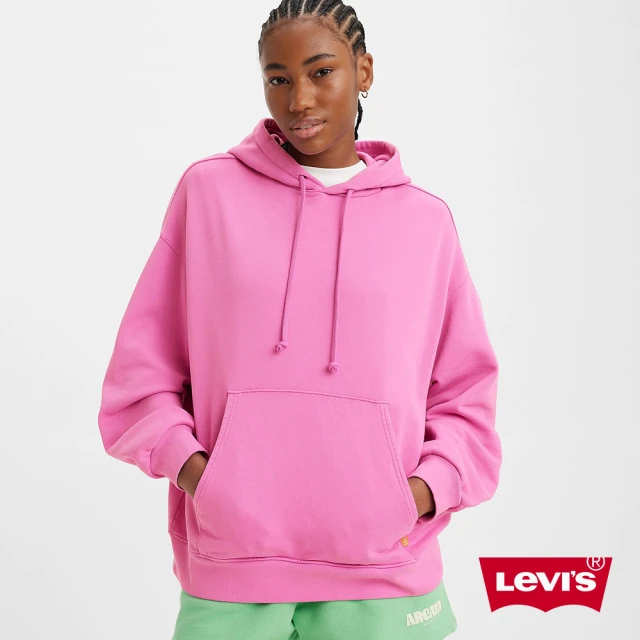 LEVIS Gold Tab金標系列 女款 寬鬆版重磅落肩口袋帽T / 405GSM厚棉 桃紅 人氣新品