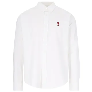 【AMI PARIS】男女同款 刺繡愛心A圖騰小LOGO 寬鬆版型長袖襯衫-白色(S號、M號、L號、XL號)