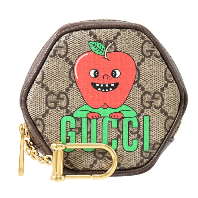 GUCCI 古馳 限定插畫家聯名款經典雙G緹花拉鍊鑰匙零錢包(駝)