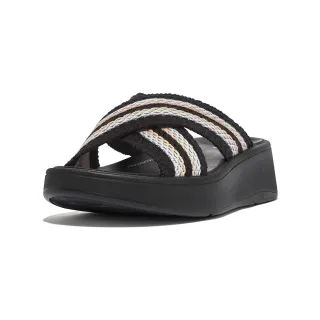 【FitFlop】F-MODE CROCHET FLATFORM CROSS SLIDES編織造型交叉涼鞋-女(黑色)