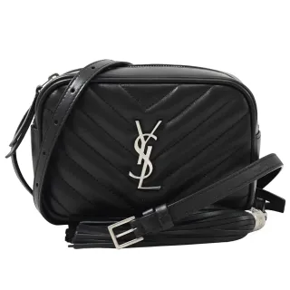【YSL】金屬字母LOGO流蘇V字格紋牛皮三用肩斜胸口包腰包(黑)