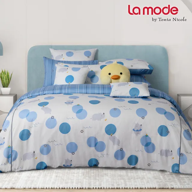 【La mode】環保印染100%精梳棉兩用被床包組-悠悠水樂園+小悠鴨鴨兩用抱枕毯(加大)