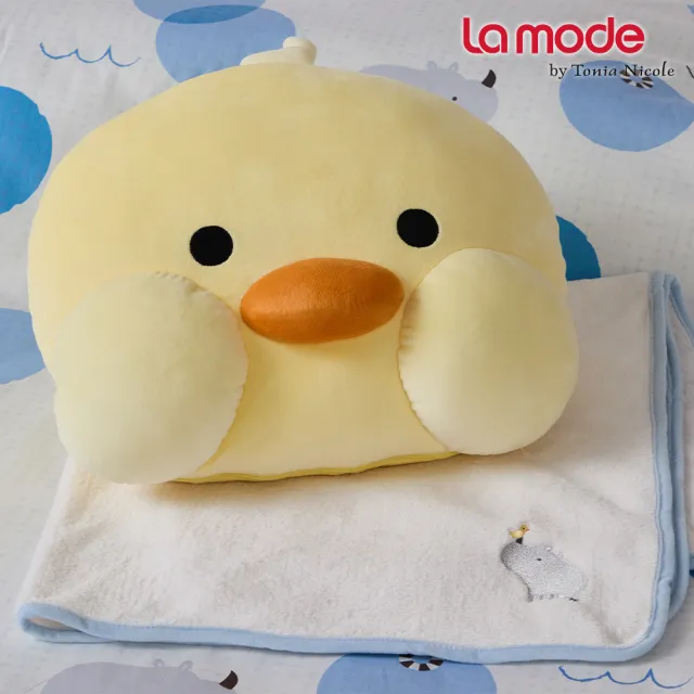 【La mode】環保印染100%精梳棉兩用被床包組-悠悠水樂園+小悠鴨鴨兩用抱枕毯(加大)