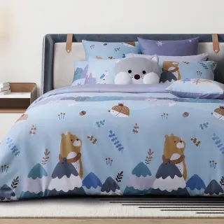 【La mode】環保印染100%精梳棉兩用被床包組-夢遊雪之森+雪狐圓寶兩用抱枕毯(雙人)