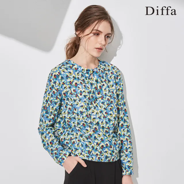 【Diffa】歐風時尚藍花領結上衣-女