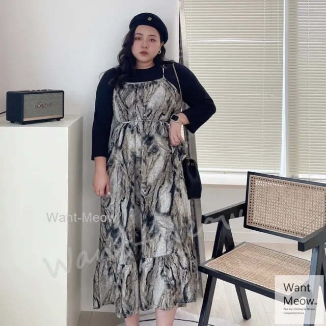 【Want-Meow】100公斤可穿/2件套顯瘦韓系大理石長洋裝(大碼洋裝/大尺碼/韓系歐膩穿搭/孕婦裝)