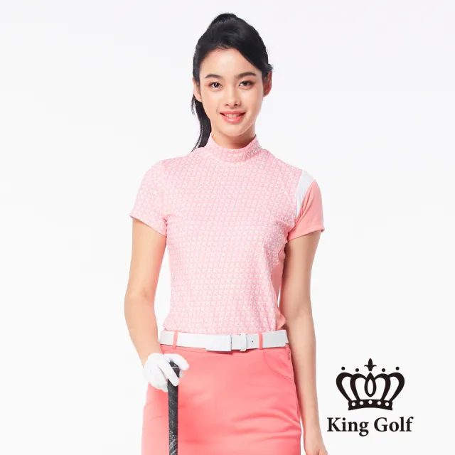 【KING GOLF】滿版印花拼接袖口立領短袖上衣(粉色)