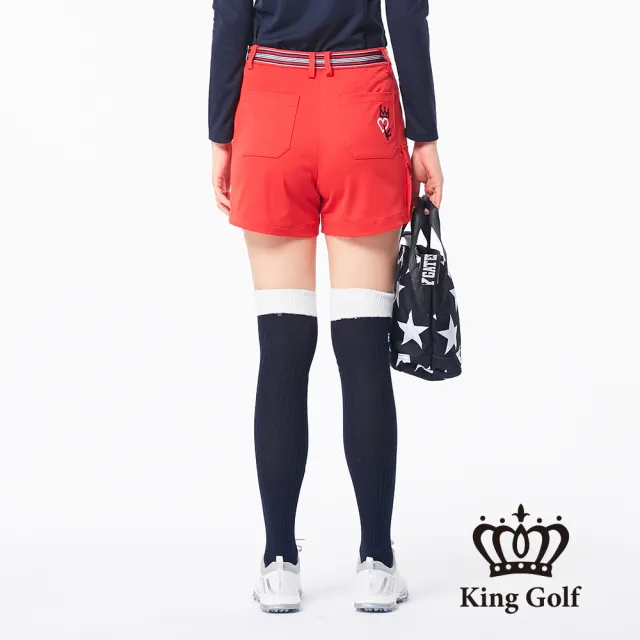 【KING GOLF】素色織帶休閒口袋短褲(紅色)