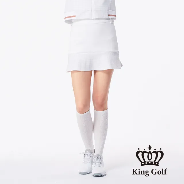 【KING GOLF】千鳥格壓紋拼接魚尾運動短裙(白色)