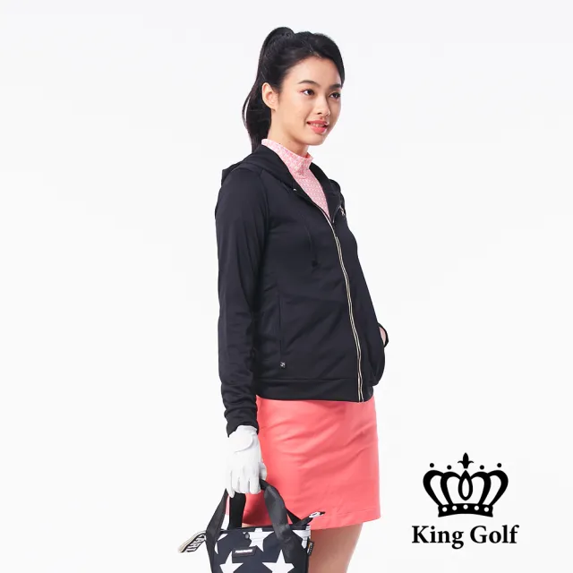 【KING GOLF】速達-女款簡約修身拉鍊包邊輕薄內網連帽外套(黑色)