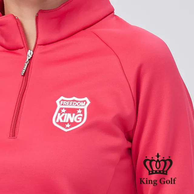 【KING GOLF】素面拼接條紋厚款搖粒刷毛立領拉鍊長袖POLO衫(桃紅)