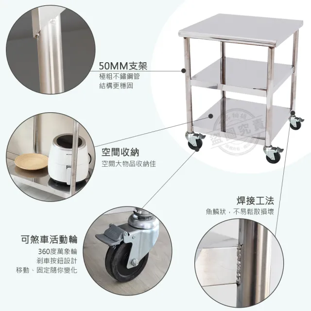 【Abis】客製商品-豪華升級版60X60CM三層圓角304不鏽鋼桌-附煞車輪/料理桌/工作桌/工作台/流理台(2尺X2尺)