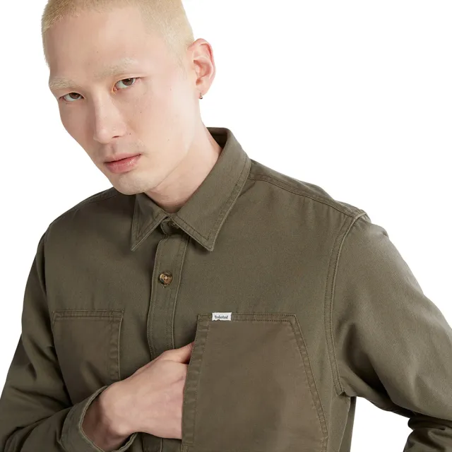 【Timberland】男款軍綠色有機棉寬鬆混合材質口袋襯衫外套(A5Y9NA58)