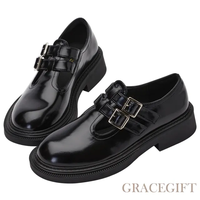 【Grace Gift】雙釦帶圓頭樂福瑪莉珍鞋