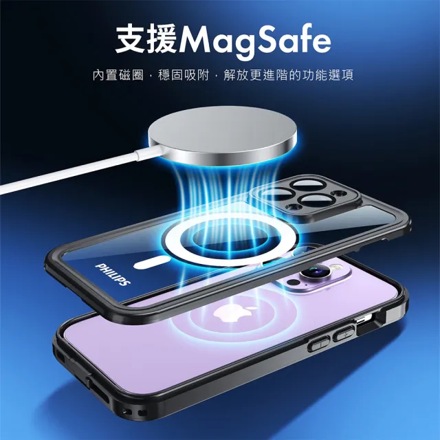 【Philips 飛利浦】iPhone 15系列 磁吸式極限運動防水殼 防摔強化保護殼(支援MagSafe)