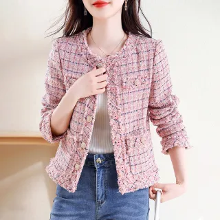 【初色】小香風寬鬆圓領單排釦長袖短款西裝外套-粉色-30901(M-2XL可選)