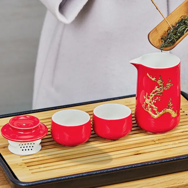 【乾唐軒】梅香陶瓷泡茶器(一壺+二杯 / 鎏金 / 3色 / 交換禮物)