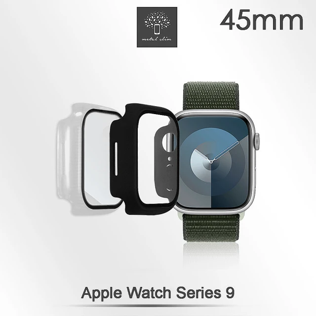 【Metal-Slim】Apple Watch Series 9 45mm 鋼化玻璃+PC 雙料全包覆防摔保護殼