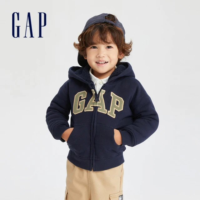GAP 男童裝 Logo連帽外套 碳素軟磨系列-淺灰色(79