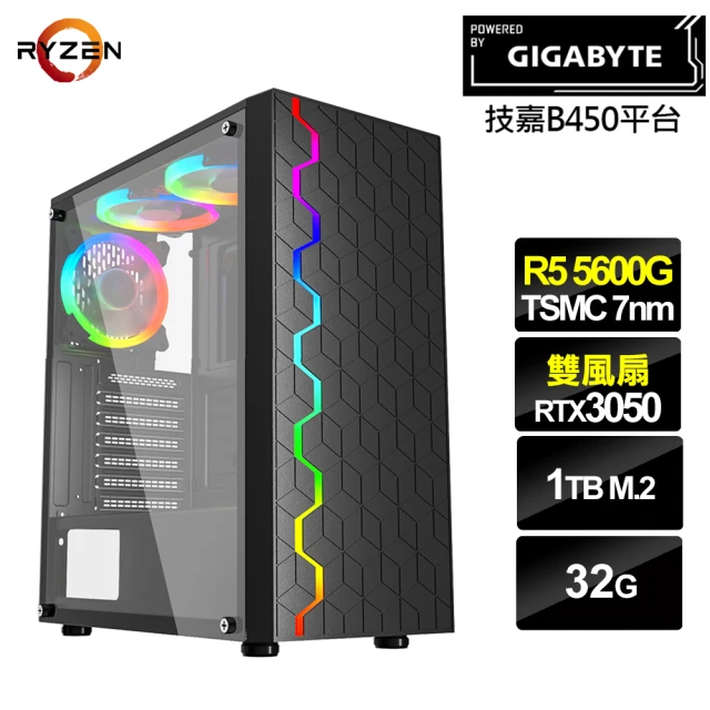 技嘉平台 R5六核GeForce RTX 3050{熒惑海龍}電競機(R5-5600G/B450/32G/1TB)