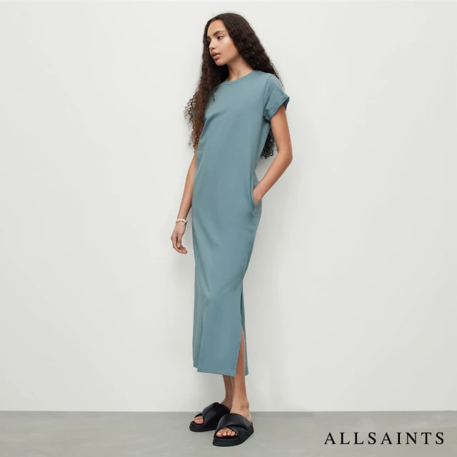 ALLSAINTS ANNA 休閒厚實純棉公羊頭骨T恤式長版連身裙洋裝-藍(常規版型)