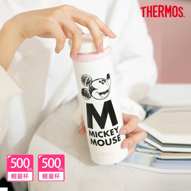 THERMOS膳魔師 超值2入_不鏽鋼手繪米奇超輕量真空保溫杯500ml+500ml(JNO-500MC-MBWH)