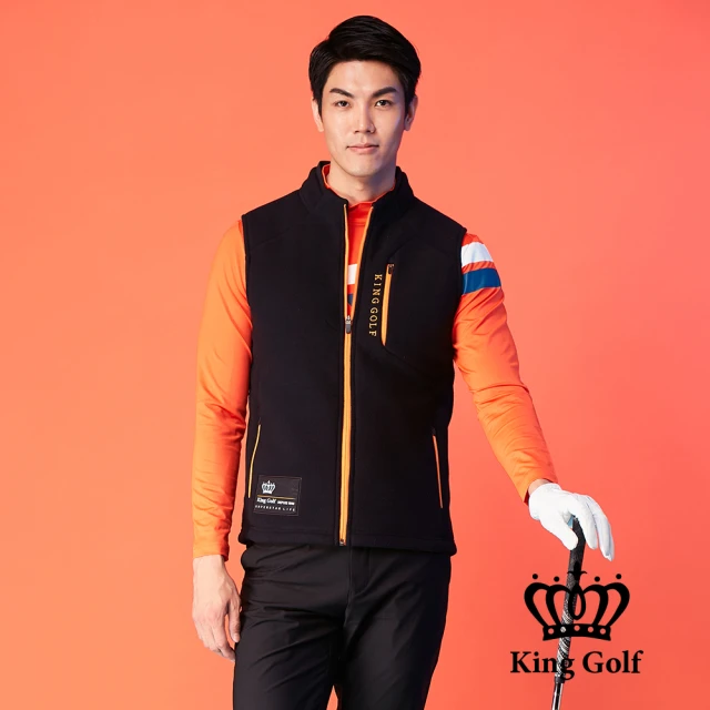 KING GOLF 男款LOGO印圖保暖搖粒絨刷毛剪裁厚款無袖背心(黑色)