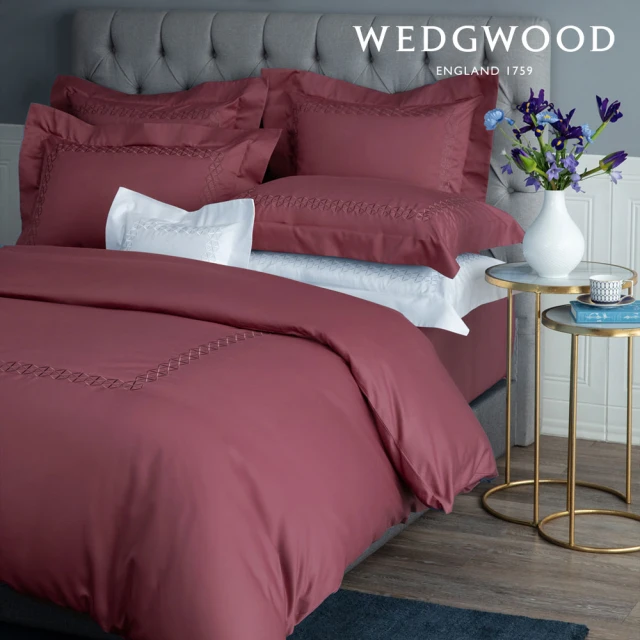 WEDGWOOD 600織長纖棉六角菱格刺繡 鬆緊床包-雋永系列 紫木紅(雙人)