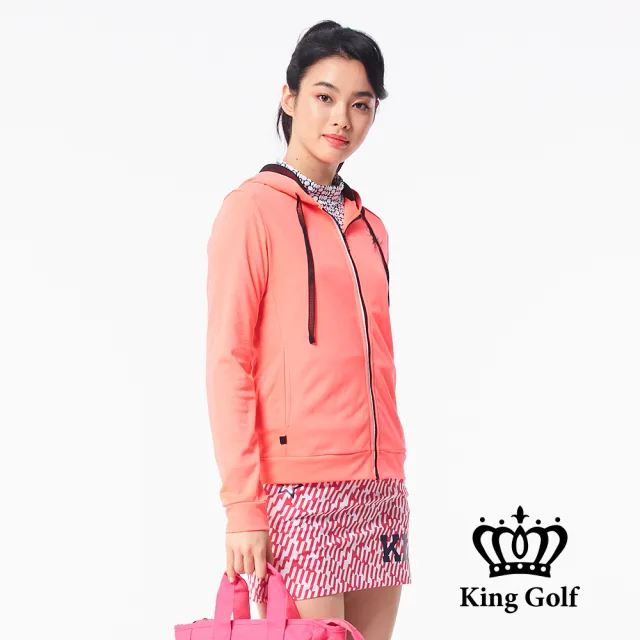 【KING GOLF】女款簡約修身拉鍊包邊輕薄內網連帽外套(橘粉色)