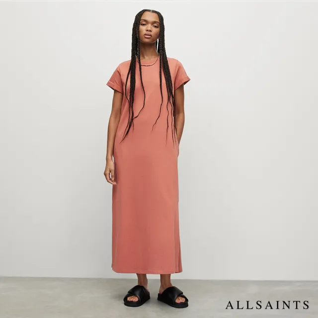 【ALLSAINTS】ANNA 休閒厚實純棉公羊頭骨T恤式長版連身裙洋裝-粉 WD425Y(常規版型)