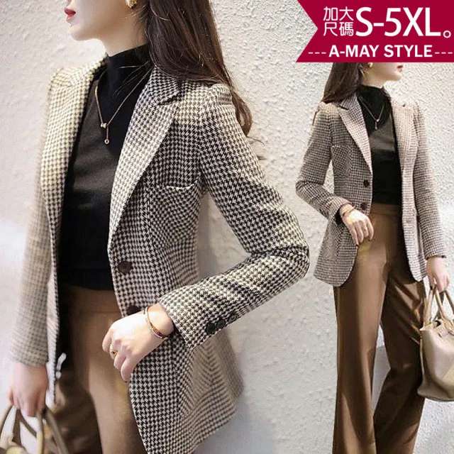 【Amay Style 艾美時尚】中大尺碼女裝 外套 千鳥格紋毛呢修身西裝外套。S-5XL(千鳥格.預購)