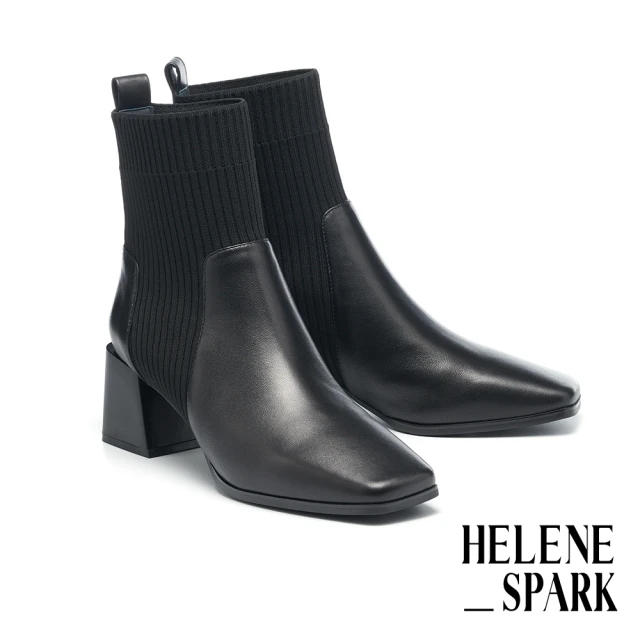HELENE_SPARK 摩登品味飛織拼接羊皮方頭高跟短靴(黑)