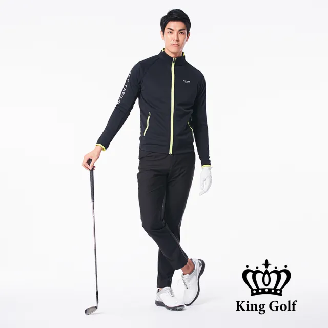 【KING GOLF】男款LOGO印圖防風防水拉鍊撞色中厚款長袖夾克外套(黑色)