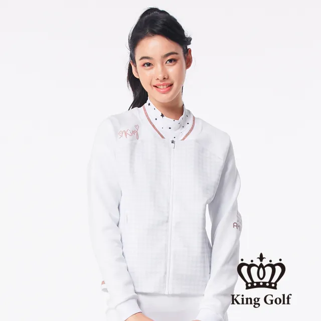 【KING GOLF】女款千鳥格壓拼接螺紋中厚款棒球外套(白色)