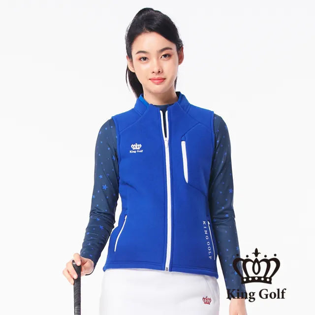 【KING GOLF】女款搖粒絨毛絨跳色拉鍊厚款無袖背心(藍色)