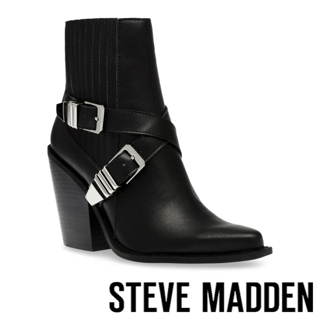 STEVE MADDENSTEVE MADDEN SCRIPTER 交叉帶粗跟楔型短靴(黑色)