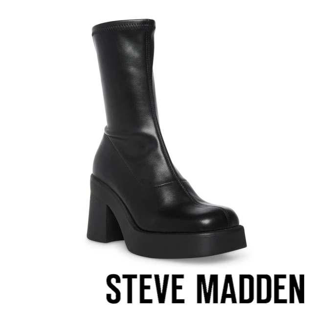 STEVE MADDEN KLAYTON 厚底方頭中筒襪套靴(黑色)