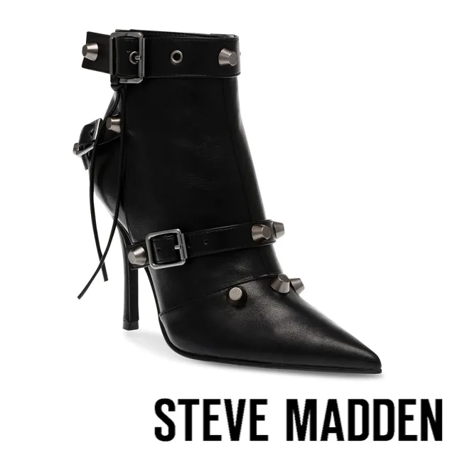 【STEVE MADDEN】FORTITUDE 鉚釘皮釦尖頭細跟短靴(黑色)