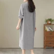 【ACheter】日系寬鬆大碼長袖條紋棉麻感襯衫過膝長版襯衫外罩洋裝#119373(黑/灰/藍)