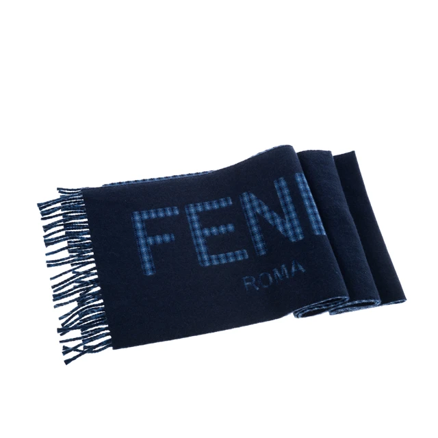 【FENDI 芬迪】經典羊毛雙色格紋FENDI ROMA字母圖案流蘇圍巾(深藍)